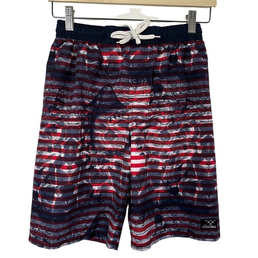 Big Chill Boys Swim Trunks Shark Print Red Blue Mesh Lined Size 10 12 Beach